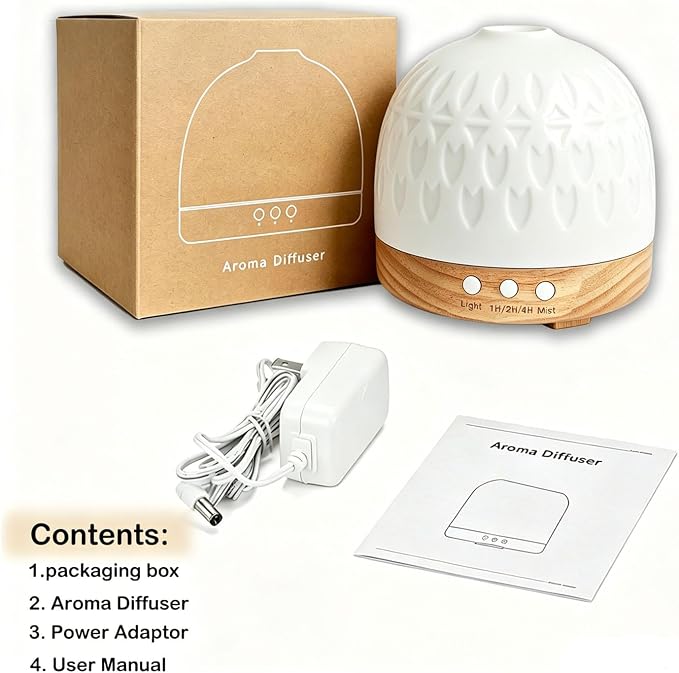Ceramic Diffuser - 300ML Essential Oil Diffuser,White Porcelain Design, Quiet Cool Mist, 4 Timer Modes, Auto Shut-Off, Night Light for Bedroom and Home