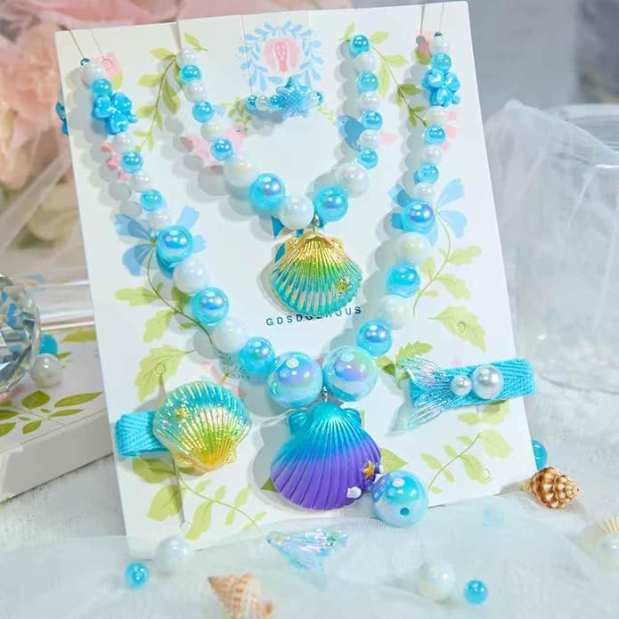 Little Girl Jewelry Sets Kids Jewelry - Unicorn Mermaid Bead Necklaces, Jewel Rings, Dress Rings, Friendship Bracelets with Science Knowledge Cards & Spare Strings - Princess Dress Play Toy for Toddlers 2 3 4 5 6 7 8 - Birthday Party School Gifts