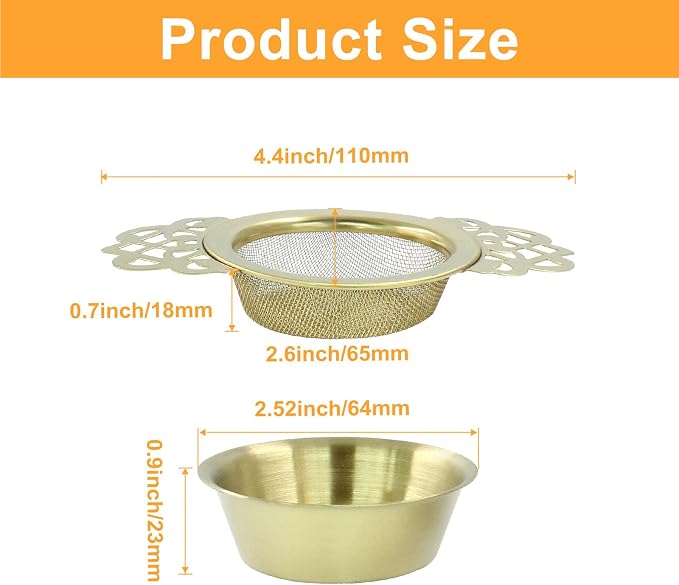 Waziaqoc 4 Pack Tea Fine Mesh Tea Strainers with Bowl, Stainless Steel Loose Leaf Tea Filter for 2.5-4 Inch Cup Mouth, Gold