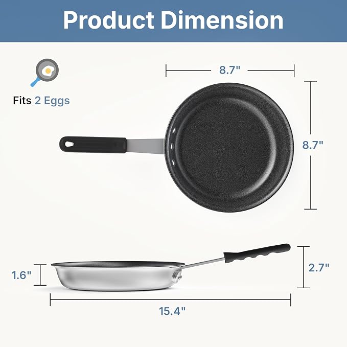 DUMOS 8 Inch Nonstick Frying Pan, Heavy-Gauge Aluminum Skillet with Ceramic Nonstick Coating, Stainless Steel Base & Handle, Omelet Pan for Induction, Electric, Gas, PFAS Free, Oven Safe, Black Handle