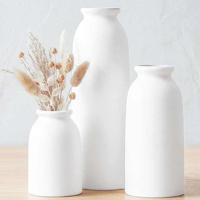 White Ceramic Vases Set of 3, Small Flower Decorative Vase Waterproof | Farmhouse Vases for Pampas Grass & Dried Flowers, Rustic Vase for Table Bookshelf, Living Room