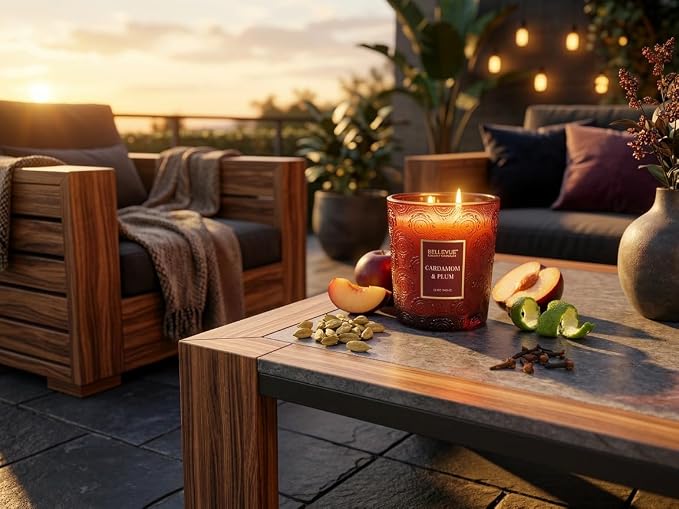 Bellevue Luxury Candles, 12 OZ Soy Blend Candle, Embossed Glass, Fragrances formulated with Essential Oils, Home Fragrances, Scented Candles Gift Set ǀ Scent: Cardamom & Plum