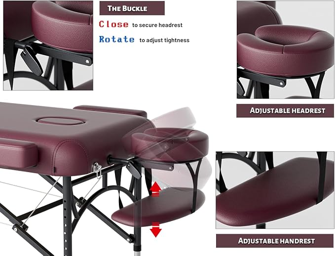 Professional Massage Table Portable 3 Fold Premium Memory Foam Aluminium Leg Hold Up to 1100LBS 8 Heights Adjustable with Carrying Bag Burgundy