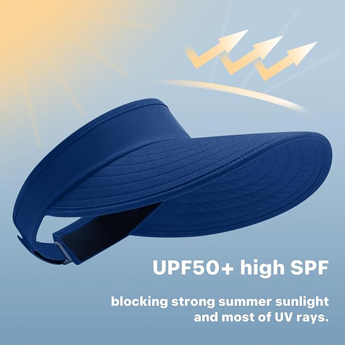 WANDER Sun Visor Hats for Women Wide Brim UV Protection Adjustable Large Golf Beach Cap Packable Travel Sport Visor