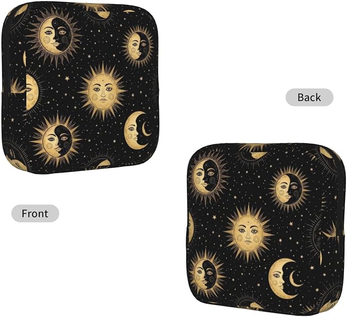 Feminine Product Organizer with Zipper, Polyester Sanitary Pad Bag Gold Sun Crescent Moon Star, Portable Holder for Nursing Pad Panty Liners