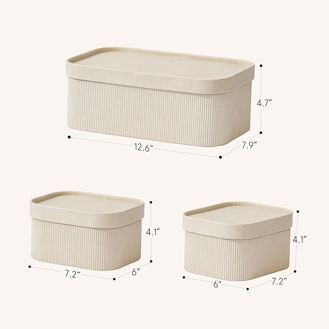 La Jolie Maison Decorative Storage Boxes with Lids Faux Leather, 3 Pack | Ivory Faux Leather Lids, Fluted Cardboard Storage Basket, Organizer for Jewelry, Shelves, Bedroom & Closet Storage Memory Box
