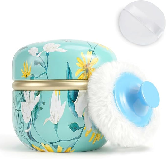SHIMIDO Body Powder Puff and Container, 3.15" Portable Empty Body Powder Container for Baby Women's Loose Dusting Powder, Powder Case Box with Lids for Bath, Travel and Home Use (Cyan Flower)
