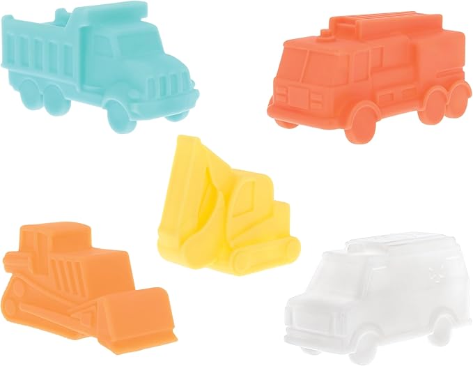 Nuby Vehicle Bath Toys - 5-Pack - Soft, Stackable Toddler Bath Toys - No-Hole Design for Easy Cleaning - 6+ Months - Bulldozer, Excavator, Dump Truck, Ambulance, and Fire Truck