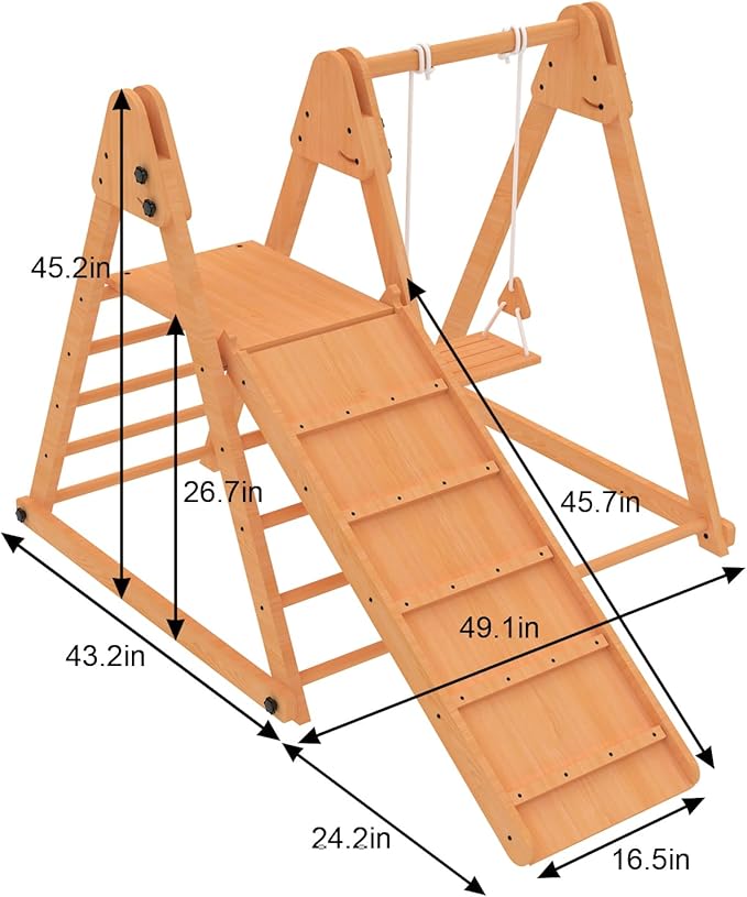 Avenlur 4-in-1 Juniper Outdoor Play Gym - Jungle Gym Playset with Baby Swing, Slide, Ladder, and Climbing Wall - Foldable Wooden Playset - Outdoor Jungle Gym for Kids Ages 18mo to 6yrs
