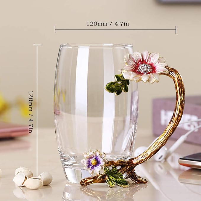 Enamel Sunflower Crystal Lead-Free Glass Tea Cup with Spoon Set, Present for The Christmas, Valentine's Day.Best Present for Mother, Grandma, Girlfriend, Sister.