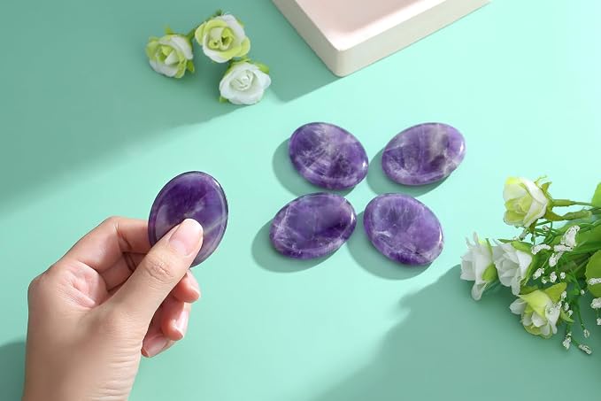 Thumb Worry Stone Amethyst Crystal Rock Crystals and Healing Stones Oval Natural Fidget Meditation Accessories Gemstones Trinkets Pocket Stress Relief Gifts Anxiety Relief Items for Women Men