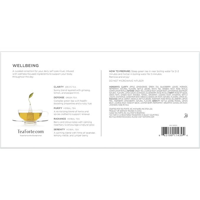 Tea Forte Premium Petite Presentation Box Gift Set Sampler, 10 Count, 2 of Each Blend Individually Wrapped Handcrafted Pyramid Infuser Bags, Wellbeing