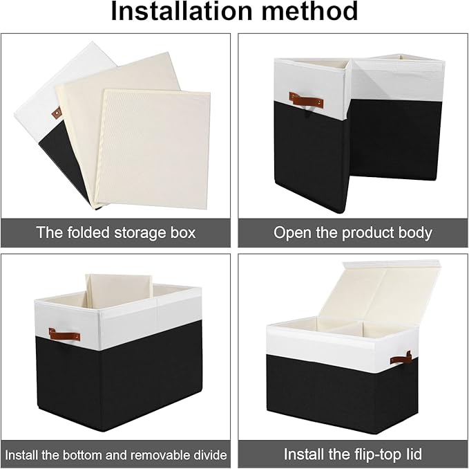 Large Toy Storage Box with Lid, Toy Chest Bin Boxes Basket with Dividers | Sturdy Toy Organizer Bin for Kids, Boys, Girls, Nursery, Living Room, Bedroom, Playroom 25"x13" x16" (Black and White)