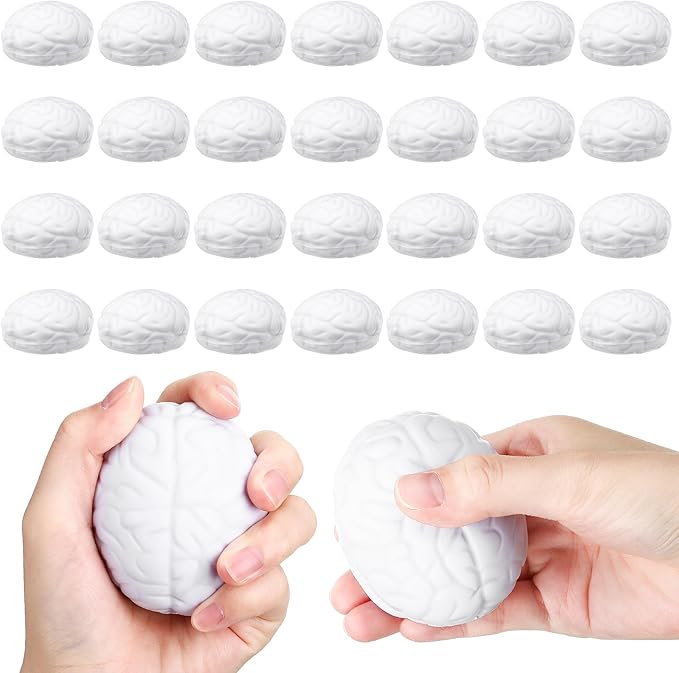 Jenaai Brain Stress Ball Halloween Squeeze Toy 2.76 Inch PU Hand Muscle Exercise Pressure Ball Funny Stress Relief Toy for Adults Improving Grip Strength Release Pressure(White)