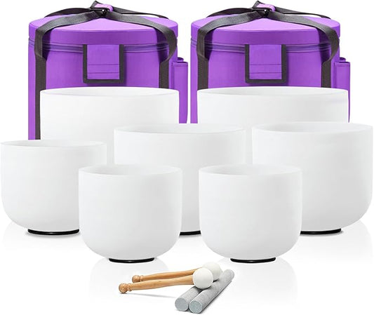 CVNC 432Hz 7-12 Inch Crystal Singing Bowl Set of 7 with 2 Pcs Carrying Case Bag, Frosted Quartz Crystal Sound Bowls for Chakra,Sound Therapy, Meditation Energy