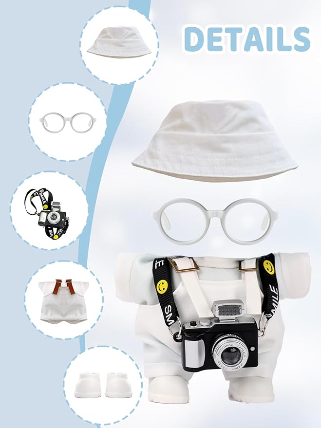17cm Doll Clothes Set, Hat & Overalls & Shirt & Shoes & Glasses & Camera Set for 17cm Accessories Suit, Stylish Dolls Clothes Accessories, Cute Clothes for Dress up Unique Style (White)
