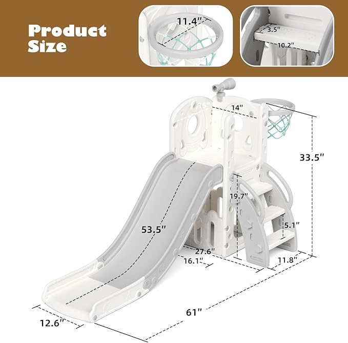 Glaf Toddler Slide 6 in 1 Outdoor Playset Indoor Playground for Kids Toddlers Age 1-3 Baby Slide with Basketball Hoop and Ball Storage Space and Telescope Freestanding Climber Slides Toys (Grey)