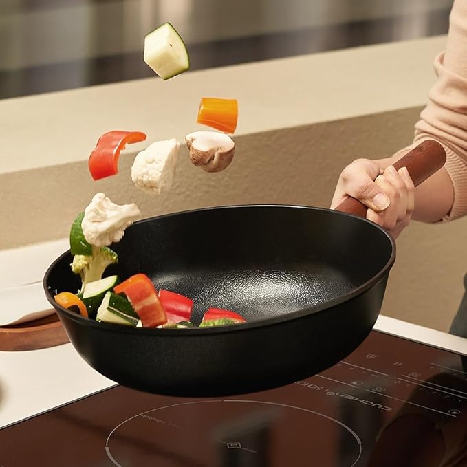 Wagensteiger Aluminum Body Flat Bottom Wok, Restaurant & Business Grade Fry Pan Titanium Coated Non-Stick Surface, Wooden Handle, Made in Korea, Deep Large Skillet, Black(17.91"L x 11.22"W x 3.15"H)