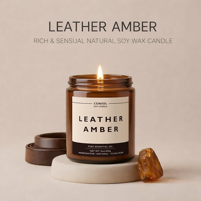 Leather Amber Scented Candles for Home, Natural Soy Wax Candle with Essential Oils, 9oz Amber Jar Aromatherapy Candel, 50H Long & Non-Toxic Burning, Hand Poured, Giftable, Relaxation, Birthday