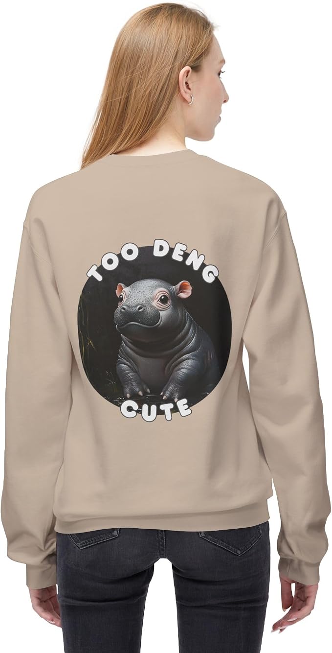 Unisex Fleece Crewneck Sweatshirt - Too Deng Cute Moo Deng Hippo, Cozy Cotton Blend, Classic Relaxed Fit
