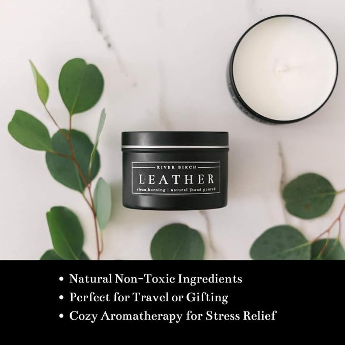 Leather Scented Candle | (Smells Just Like Leather) Scented Candles for Men & Women | All-Natural Non-Toxic Soy Candles, Scented Candles | Tin Travel Candle | Relaxing Aromatherapy Matte Black 8 oz