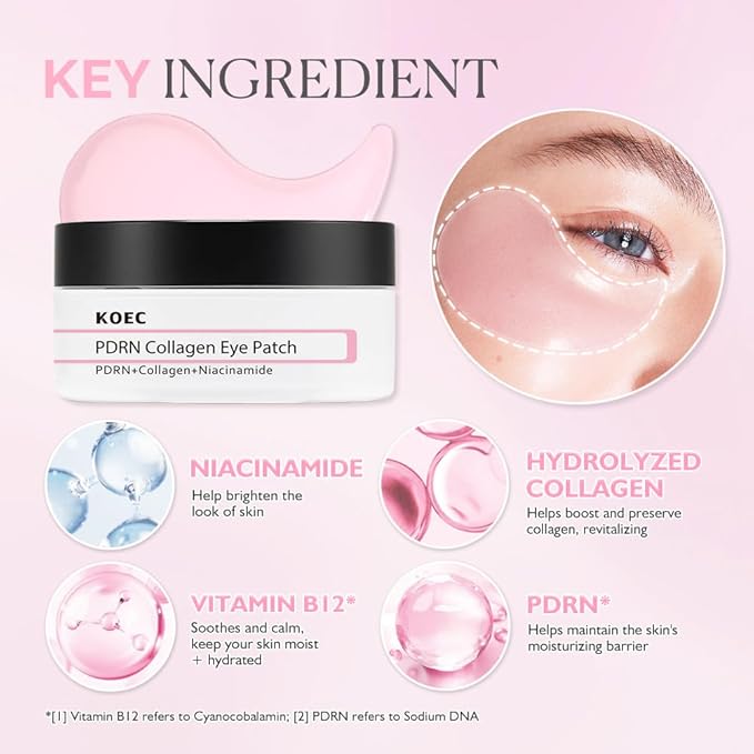 KOEC PDRN Collagen Eye Patch 60,Under Eye Patches for Puffy Eyes and Dark Circles,Eye Mask with Hydrolyzed Collagen & Niacinamide,Bridesmaid Gifts for Woman