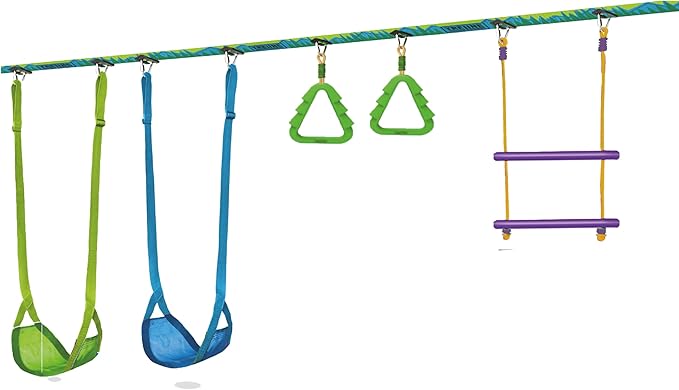 Swingset Gymnastics Kit 36 ft - Slackline Swing Set for Backyard, Monkey Bars & Gymnastics Line - 2 Swings, Double Trapeze bar, 2 Gym Rings - Outdoor Playset for Kids - Ages 3+ Holds 500 lbs.