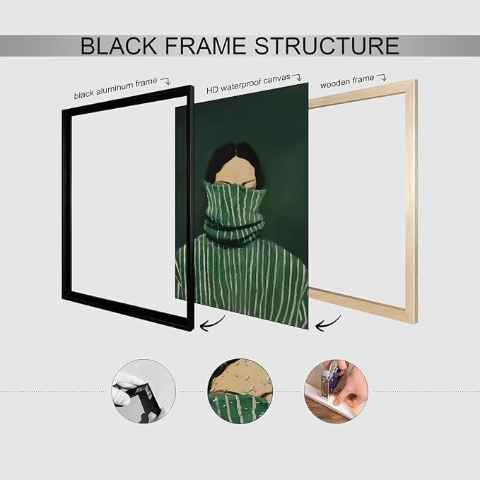 Emerald Green Feminine People Wall Art Retro Abstract Stripe Poster Funky Minimalist Eclectic Canvas Prints 08x10 inch Black Framed for Bedroom Apartment Dorm Wall Decor