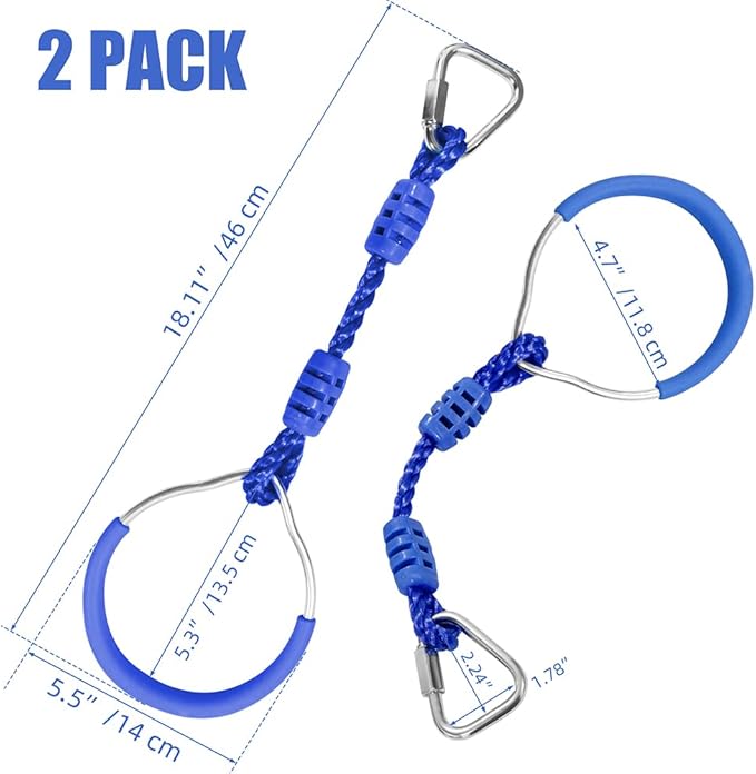 Ninja Ring Backyard Gymnastic Fitness Fist Outdoor Jungle Gym Play Set Playground Training Equipment, 2 Blue Swing Monkey Bar Hang Climbing Ring Warrior Obstacle Course Trapeze Slackline Attachments