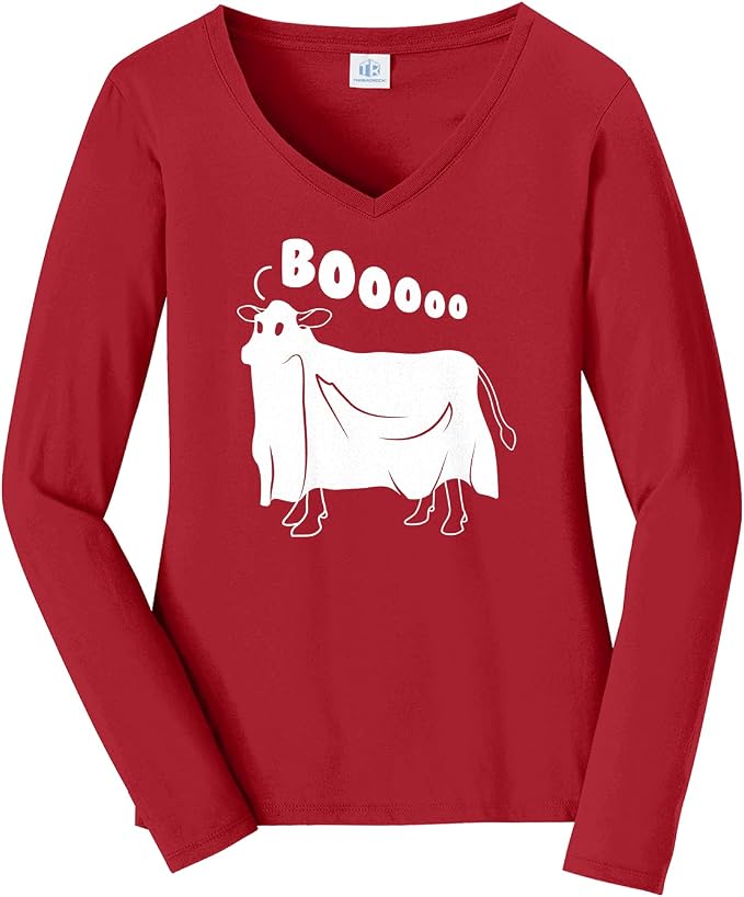 Threadrock Women's Cow Ghost Saying Moo Long Sleeve V-Neck T-Shirt