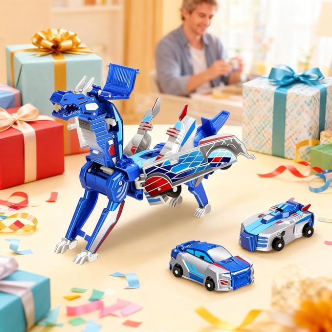 2-in-1 Collision Transformation Dinosaur Car Toy |Magnetic Cars Convertible Robot Toys|DinosaurToys for Kids 3-12 Ideal Christmas Birthday Gift for Boys and Girls (Colorful Blue)