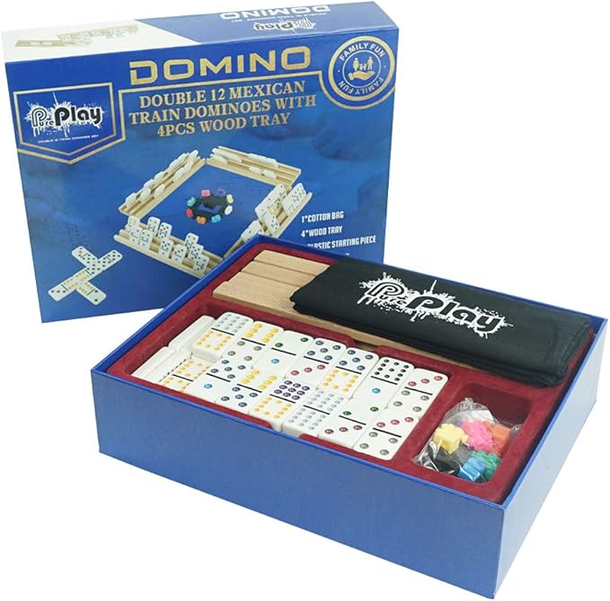 PUREPLAY Mexican Train Dominoes Set - Double 12 Colored Dot Dominoes - Includes 91 Tiles with 9 Trains, 4 Wooden Trays and Storage Bag for 2-8 Players Ages 8+