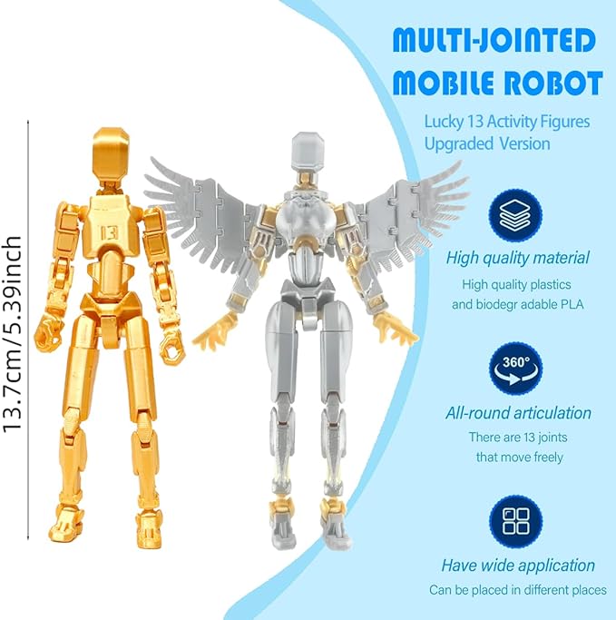 T13 3D Action Figure Set (Assembly Completed), 3D Printed Multi-Jointed, Titan 13 Action Figures, Multi-Articular Lucky Mobile Robot Nova T-13,Desktop Decorations for Game Lovers Toys (Gold/Sliver)