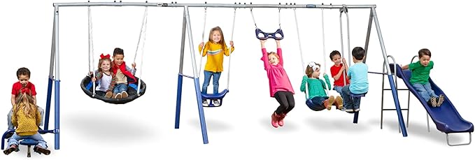 XDP Recreation Fun All Mighty Metal A-Frame Kids Swing Set with 10 Child Capacity Outdoor Backyard Home Playground with Slide and 5 Swing Types,
