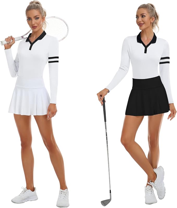 Soneven Womens Golf Shirts Moisture Wicking V Neck Long Sleeve Polo Shirts Collared Tops