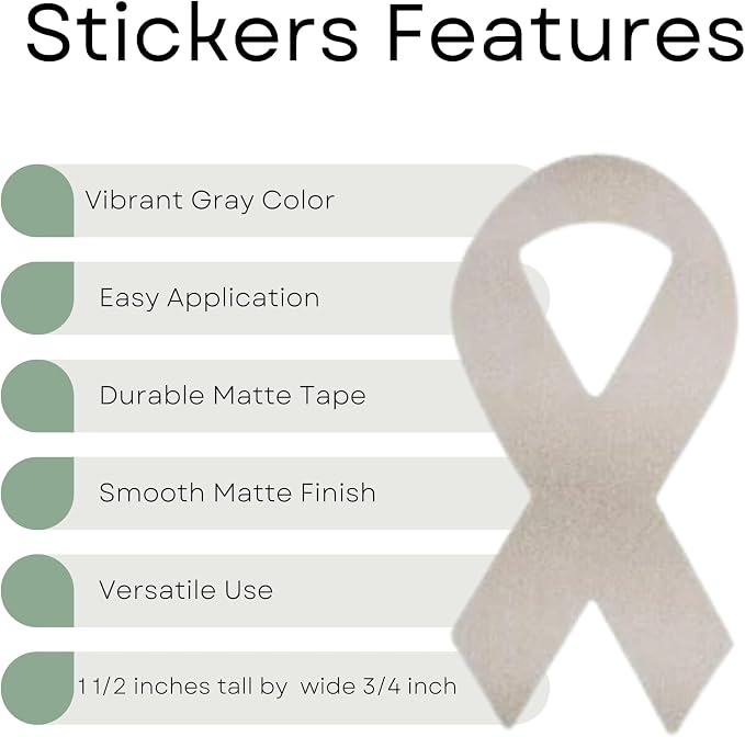 250 Small Gray Ribbon Awareness Stickers - Perfect for Parkinson’s Disease, Brain Cancer, Asthma, Allergy, Diabetes Awareness, Events Decoration and Fundraisers