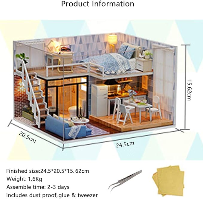 MAGQOO 3D Wooden Dollhouse Miniature DIY House Kit with Furniture,1:24 DIY Dollhouse Kit Dust Proof Included (Blue Times)