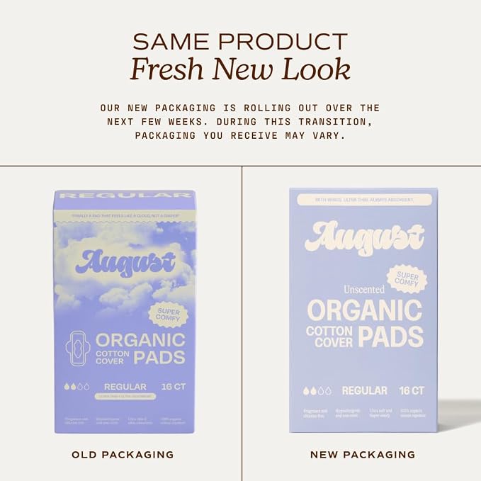 August Regular Cotton Menstrual Pads, 36-Pack Ultra Thin Pads with Wings, Hypoallergenic Sanitary Napkins with Organic Cotton Topsheet, Compostable Wrappers, Toxin Free, Fragrance Free