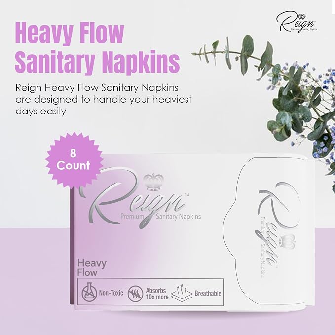Reign Heavy Flow with Wings Sanitary Napkinsfor Women, Super Absorbent Pads,8 Count,1 Pack