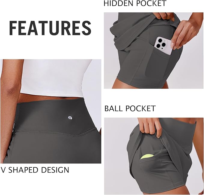 PINSPARK 14" Womens Tennis Skirt High Waisted Golf Skort with 2 Pockets | Built-in Shorts, A Line, Tummy Control, Stretchy, Casual, Mini, Workout, Pickleball, Running, Skort for Woman