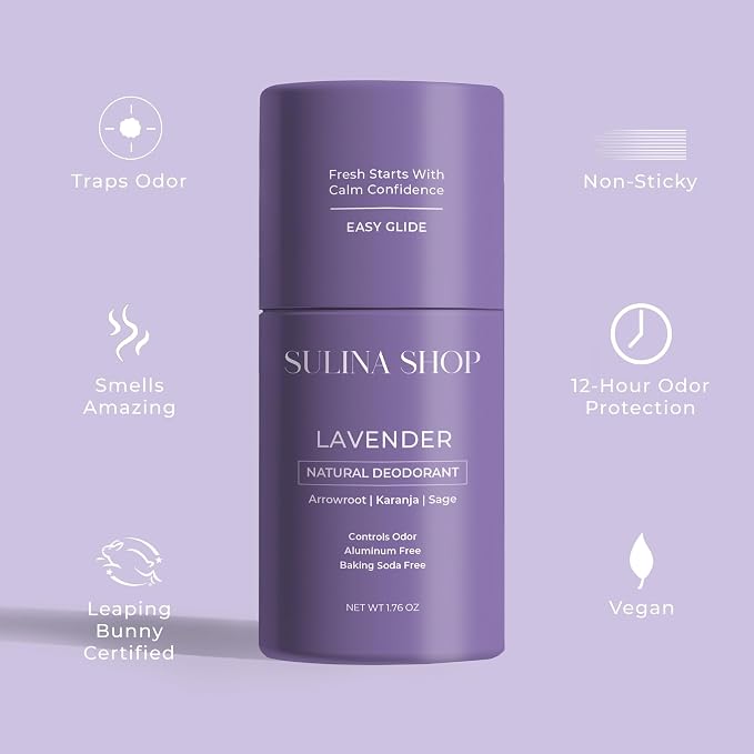 Sulina Shop Natural Deodorant, Aluminum Free, Lavender | Soothing lavender scent, Sensitive skin-friendly, Baking soda-free, Plant-based ingredients.