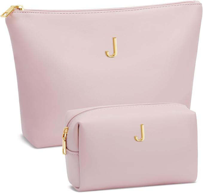 Women Gifts | Initial Makeup Bag for Girl Personalized Gifts for Bridesmaid Friend PU Leather Cosmetic Travel Toiletry Bag(Pink,J)