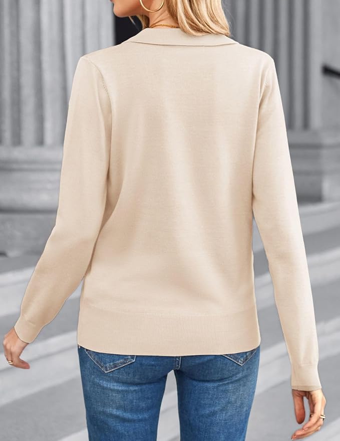 Women's Long Sleeve Classic V Neck Casual Fall Winter Polo Sweater Tops | Basic Collared Knitted Fashion Work Business Formal Daily Wear Versatile Pullover Shirts