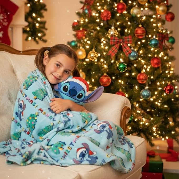 Jay Franco Kids Christmas Hugger Set – 12" Plush Pillow Buddy & 46" x 60" Fleece Throw Blanket, Ultra-Soft Bedding & Travel Set, Holiday Bedroom & Couch Décor, Blue - Stitch