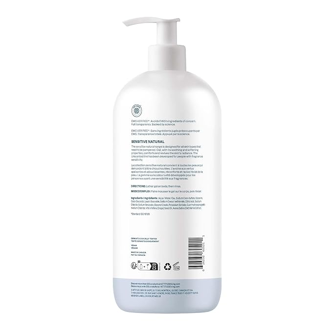 ATTITUDE Body Wash for Sensitive Skin, EWG Verified Shower Gel, Soothing Oat, Dermatologically Tested, Plant and Mineral-Based, Vegan Personal Care, Unscented, 32 Fl Oz