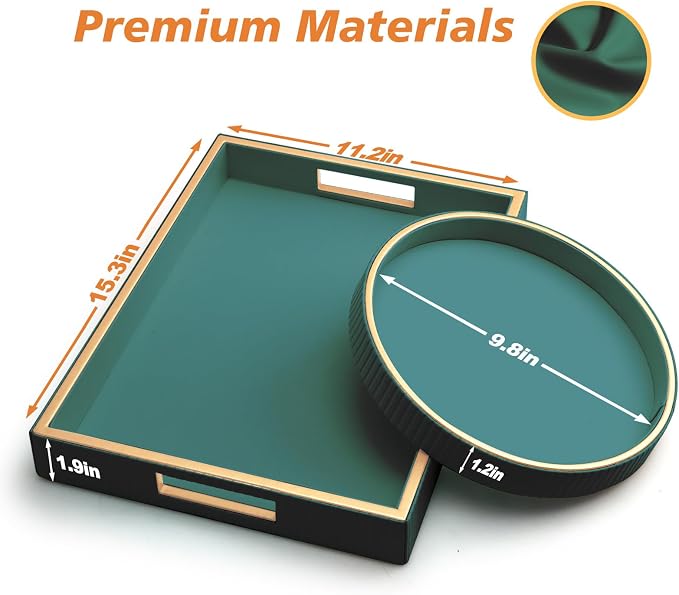 Leather Tray Desktop Storage Organizer, Decorative Tray Set, Green | Premium Serving Trays Valet Tray for Sundries Cosmetics Phone Wallet Cutlery, Set of 2, Green Holder with Disc