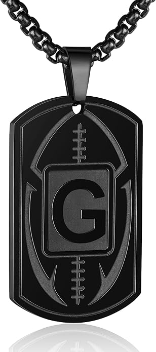 Initial A-Z Dog Tag Necklace for Men - Football Charm Pendant, Stainless Steel Chain 22+2 Inches, Personalized Sports Athletes Jewelry Gift