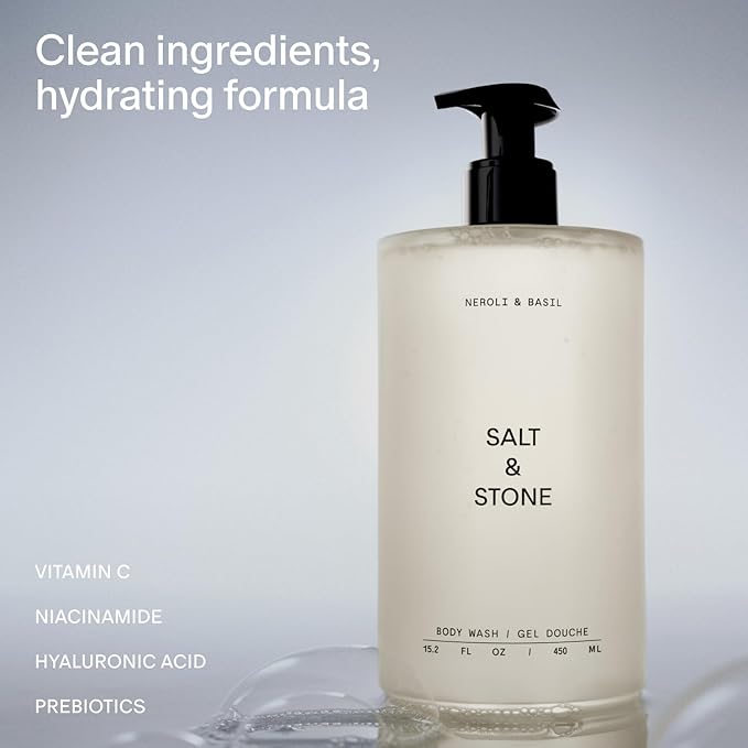 Salt & Stone Body Wash with Antioxidants for Deep Moisture | For Women & Men, Sulfate, Paraben, & Dye Free, Leaving Skin Soft and Hydrated | Neroli & Basil 15.2 fl oz
