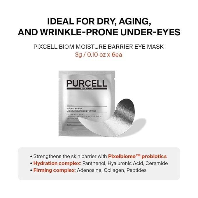 PURCELL Pixcell Biom Moisture Barrier Eye Mask – Probiotic Under Eye Patches for Deep Hydration & Skin Barrier Care, Soothing & Firming Eye Treatment, For All Skin Types (6 Pairs, 0.10 oz each)