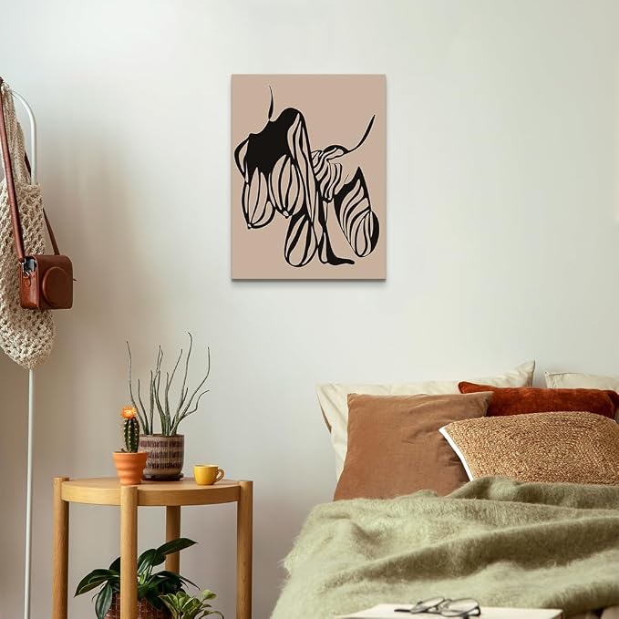 Yeesjoee Sexy Minimalist Nude Female Canvas Wall Art Line, Nudity Outline Posters Print, Woman Body Abstract Curved Silhouette, Beige Black Painting for Bedroom Living Room Home Decor, 12x16 in Framed